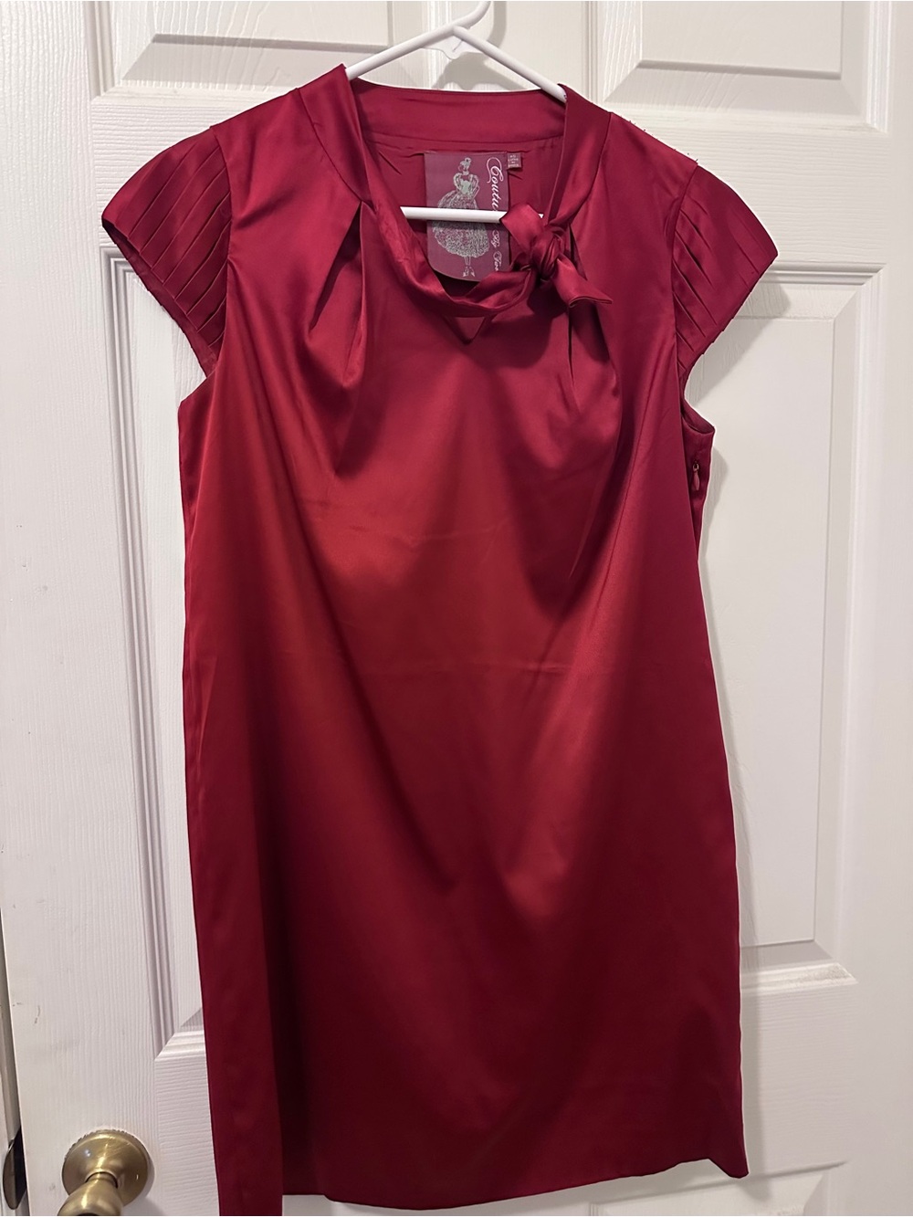 Cap-Sleeve Satin Shift Dress with Neck Tie - Deep Red